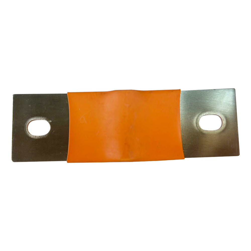 An industrial metal busbar connector with two flat, bolted copper plates and a central orange rubber or silicone insulator sleeve, isolated on a white background.