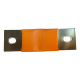 An industrial metal busbar connector with two flat, bolted copper plates and a central orange rubber or silicone insulator sleeve, isolated on a white background.