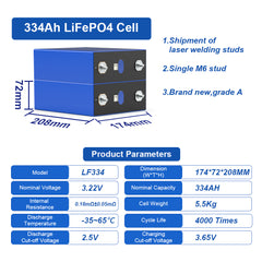 334Ah LiFePO4 cell with dimensions, product parameters, and specifications on a white background