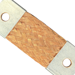 Close-up of a braided copper wire lead with silver metal terminal blocks on a white background.