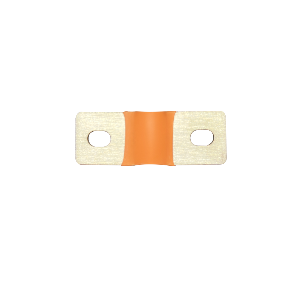 EVE LF105 105Ah orange flexible busbar with two holes top view on the white background