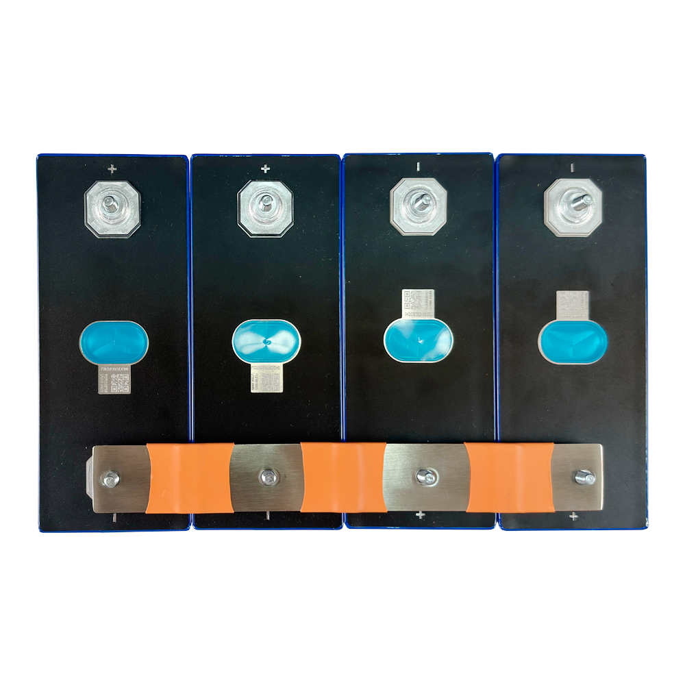 Four black battery modules arranged in a row, each with a silver terminal bolt, a blue oval section, and an orange metallic connector strip across the bottom.