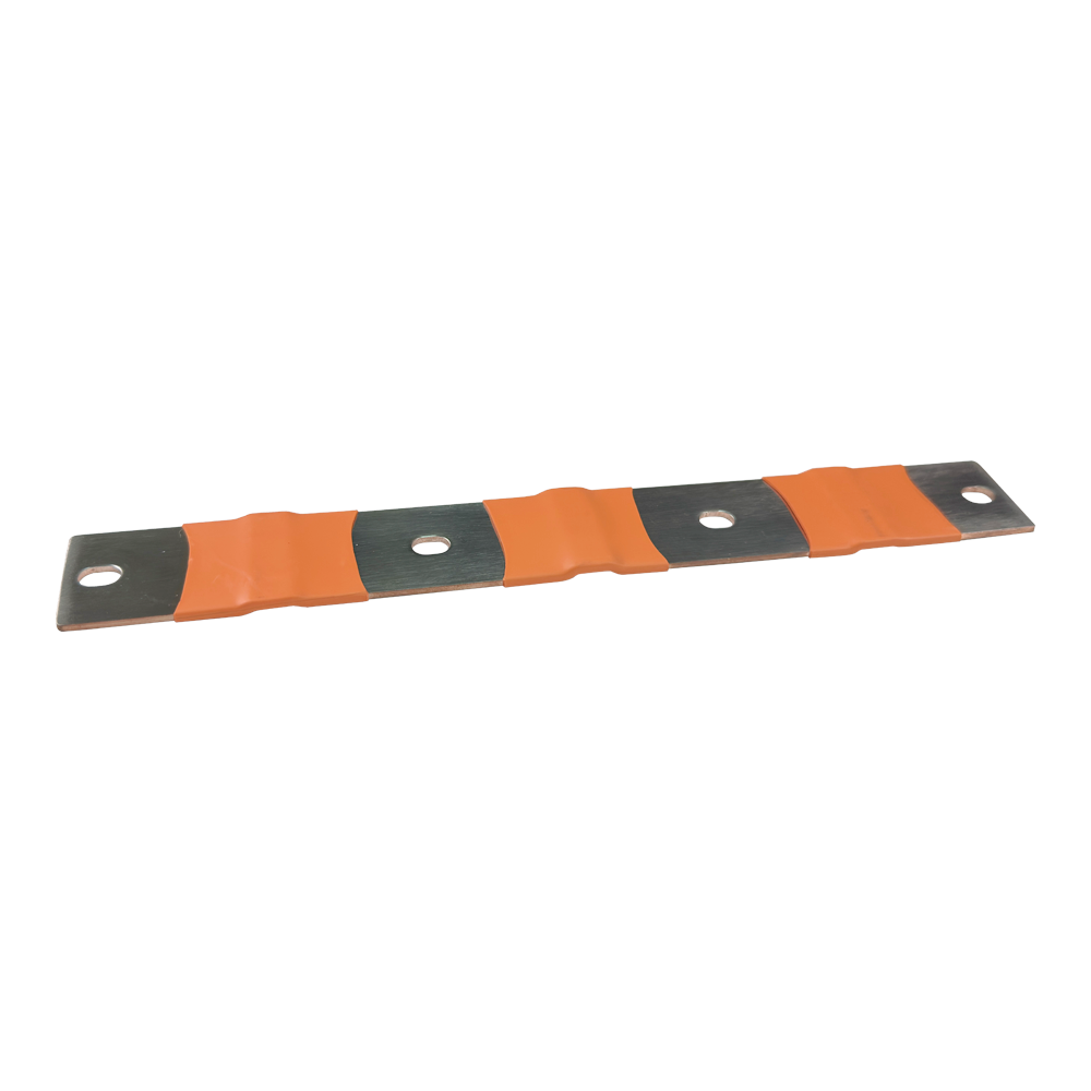 An industrial metal strip with three orange protective sleeves over dark metal plates, each plate featuring two pre-drilled holes, shown on a plain white background.