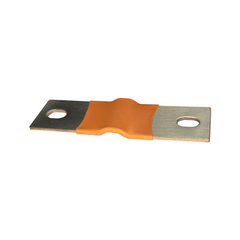 An industrial metal terminal lug with a bright orange heat-shrink protective sleeve, isolated on a white background.
