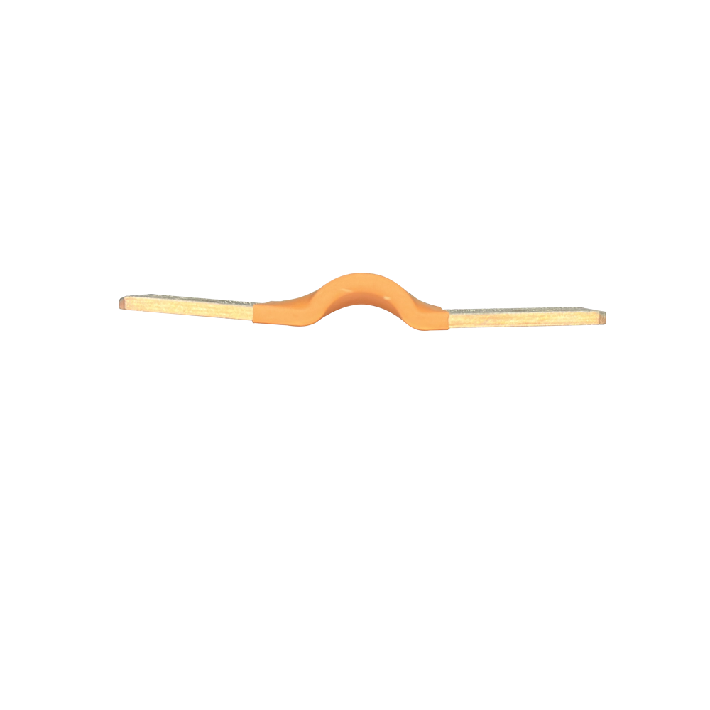 An orange silicone wrist strap with gold-toned metal contacts on each end, shown horizontally against a plain white background.