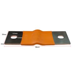 An orange and silver metal terminal clamp with red dimension lines and labels showing measurements of 98mm, 30mm, 2mm, 6.5mm, and 9.
