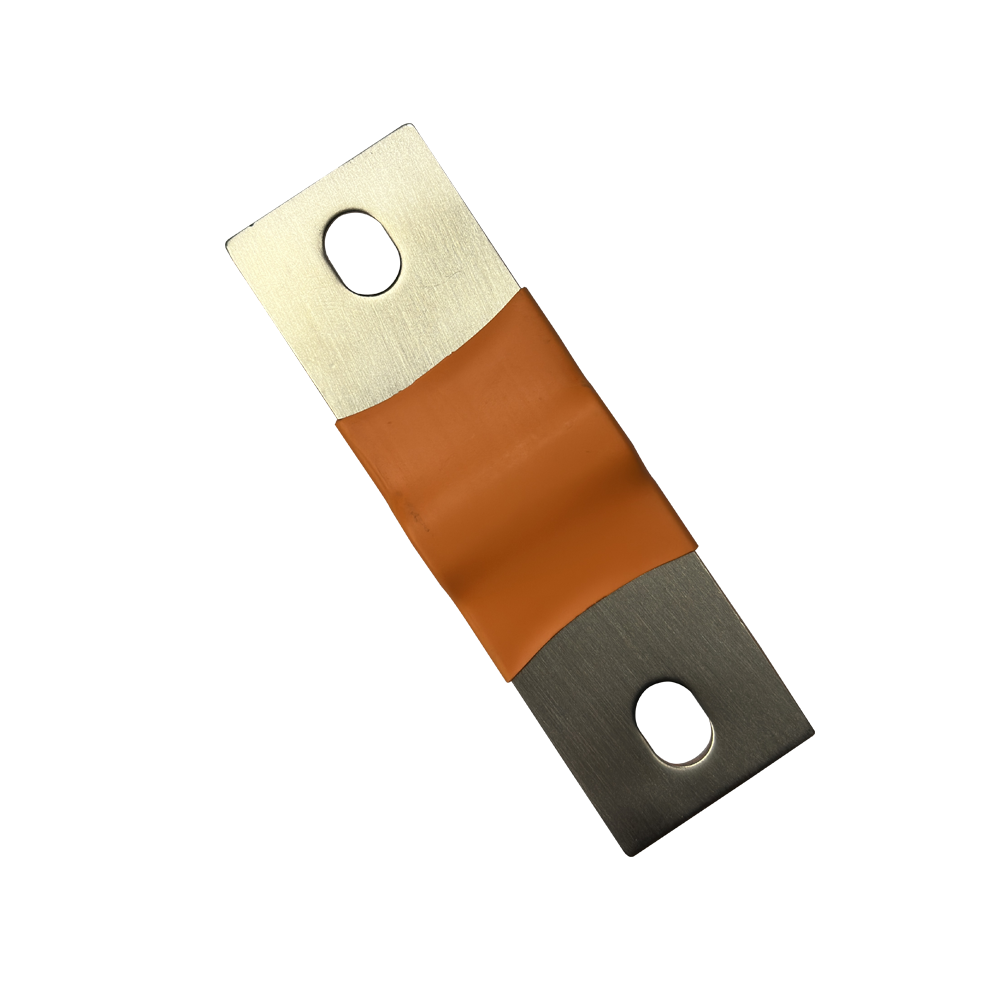 A metal electrical terminal block with a central copper-colored band, isolated on a white background.