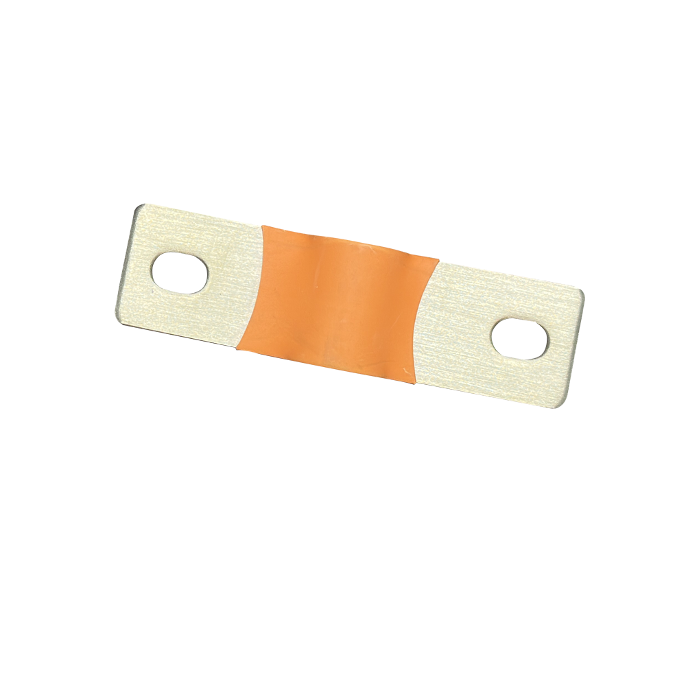 An electrical terminal strip with two silver-colored metal plates and a central orange rubber or silicone sleeve, isolated on a white background.