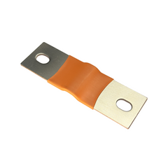 An electrical terminal bar with a silver-colored metal end, an orange heat-shrink protective sleeve, and a gold-toned brass contact end, shown on a plain white background.