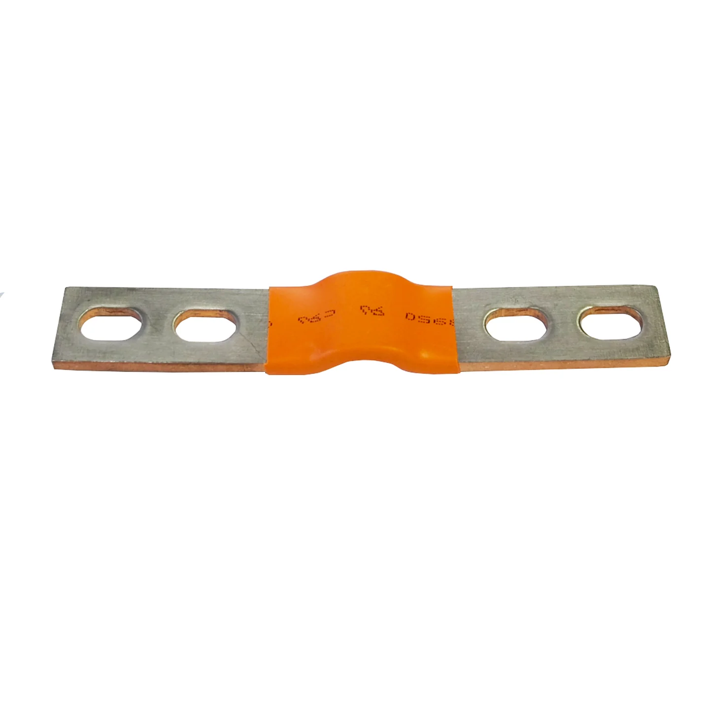 A metal terminal bar with two large screw holes on each side and an orange heat-shrink sleeve in the center, shown on a plain white background.