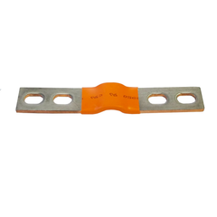 A metal terminal bar with two large screw holes on each side and an orange heat-shrink sleeve in the center, shown on a plain white background.