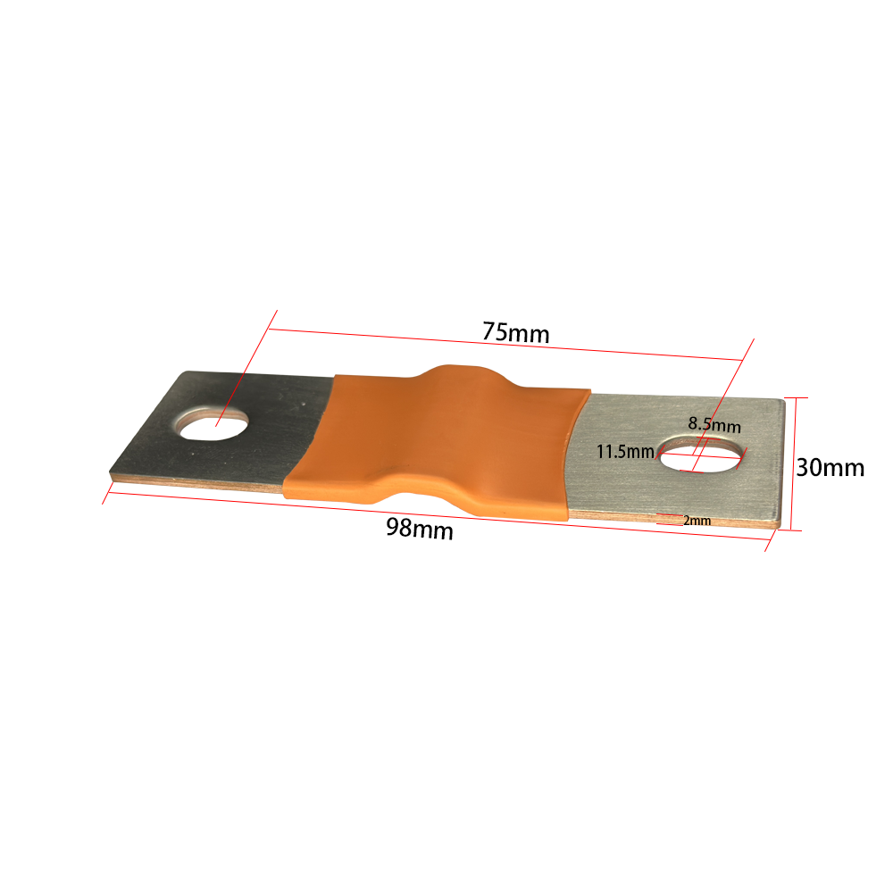 A metal terminal strip with an orange rubber grommet, shown with red dimension lines and labels indicating measurements of 75mm, 98mm, 30mm, 11.5mm, 8.