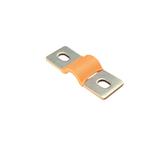 An orange plastic electrical terminal clip with two silver metal contact plates, each featuring a pre-drilled hole, shown on a solid white background.
