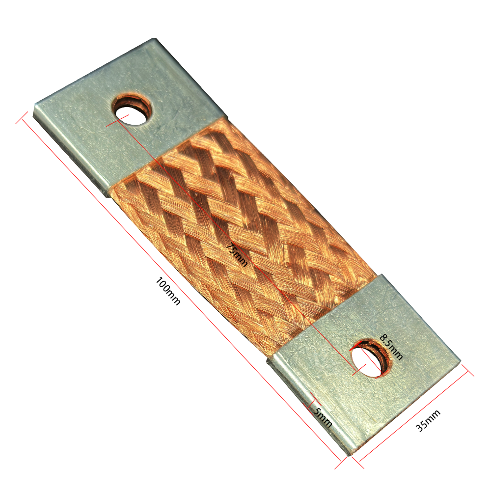 A metal cable terminal or connector with a woven copper center, shown on a white background with red dimension lines and labels indicating 100mm length, 5mm width, and 35mm hole diameter.