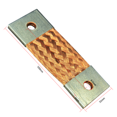 A metal cable terminal or connector with a woven copper center, shown on a white background with red dimension lines and labels indicating 100mm length, 5mm width, and 35mm hole diameter.