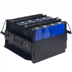 Battery pack with blue cells and black casing on a white background