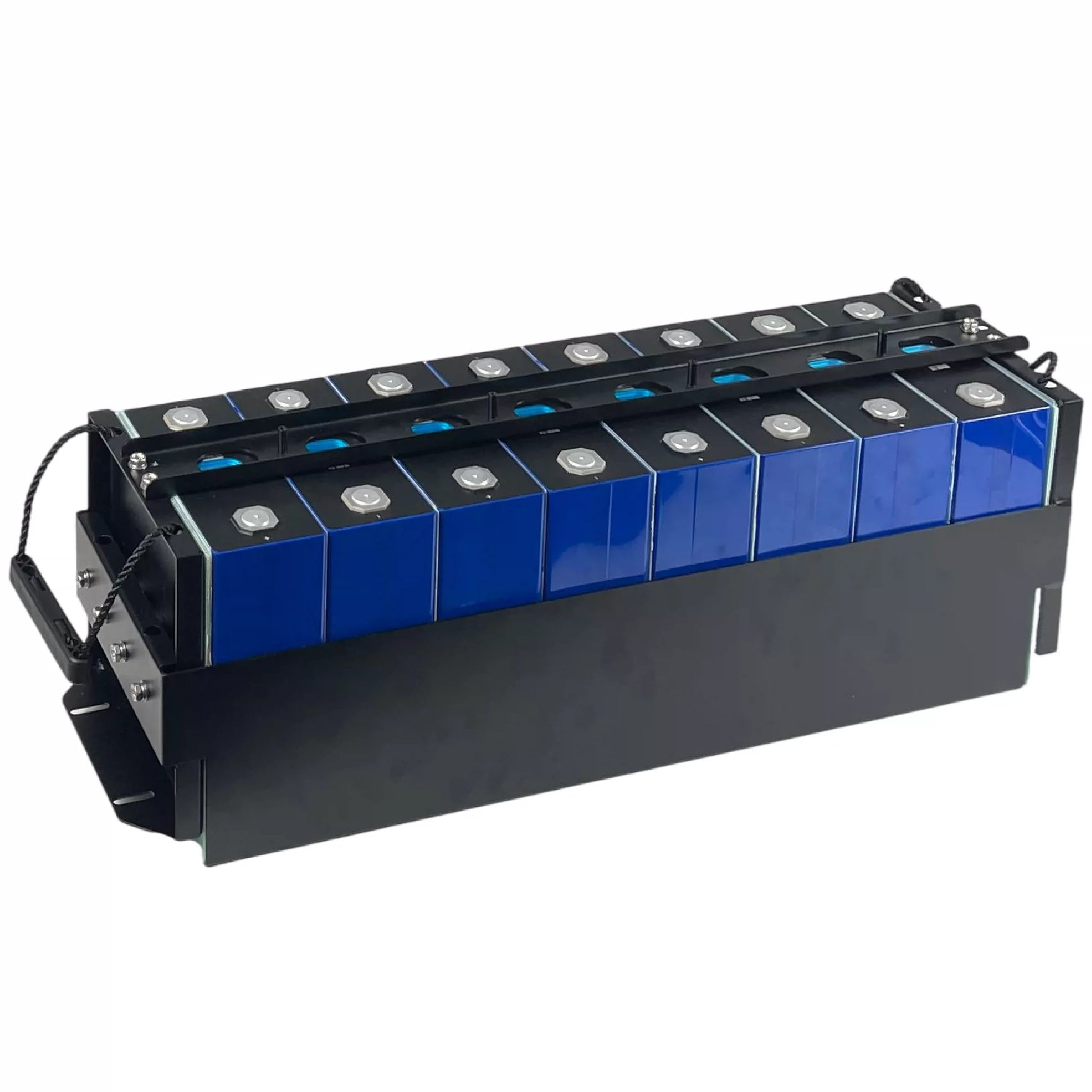 Row of blue battery cells in a black holder on a white background
