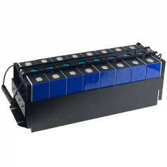 Row of blue battery cells in a black holder on a white background