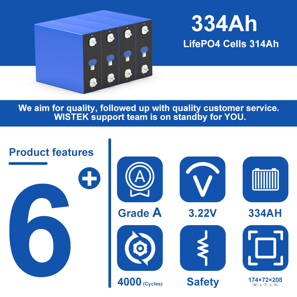 EVE 334Ah 3.2V cell with specifications and features on a blue background