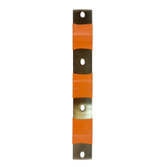 A vertical rectangular wall art piece featuring alternating horizontal bands of bright orange and brushed metallic bronze, with pre-drilled circular holes in the metal sections, shown against a plain white background.