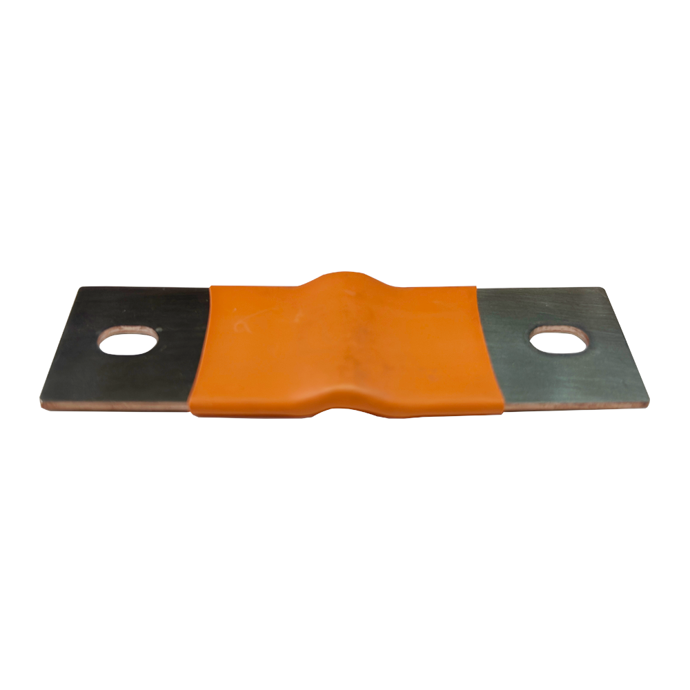 An electrical terminal splice or busbar connector with two flat metal plates and a central orange rubber or plastic sleeve, shown on a plain white background.