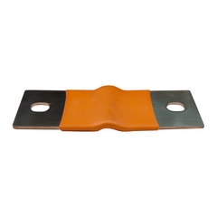 An electrical terminal splice or busbar connector with two flat metal plates and a central orange rubber or plastic sleeve, shown on a plain white background.