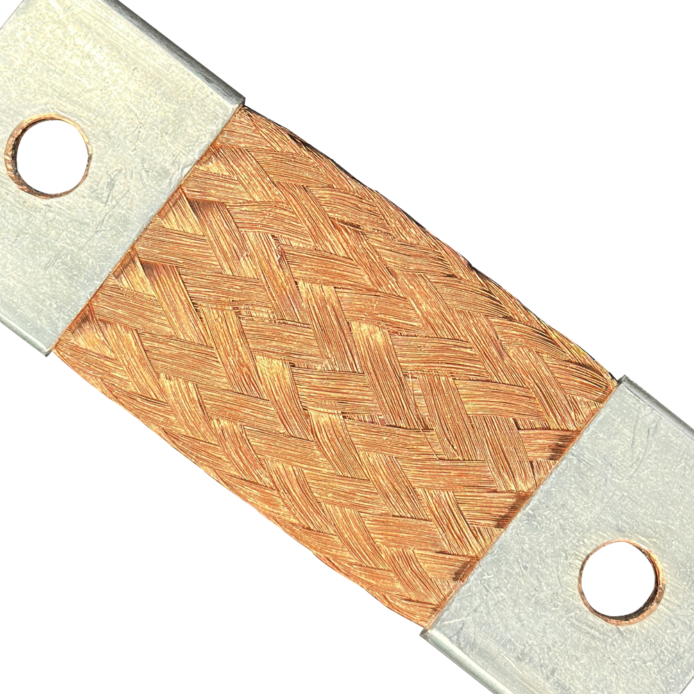 Close-up of a braided copper wire lead with silver metal terminal blocks on a white background.