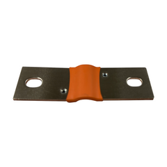 A metal electrical terminal block with two screw holes and a central orange plastic or rubber grip, isolated on a white background.