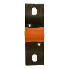 A heavy-duty metal electrical bus bar with a bright orange rubber or silicone spacer band in the center, shown on a solid white background.